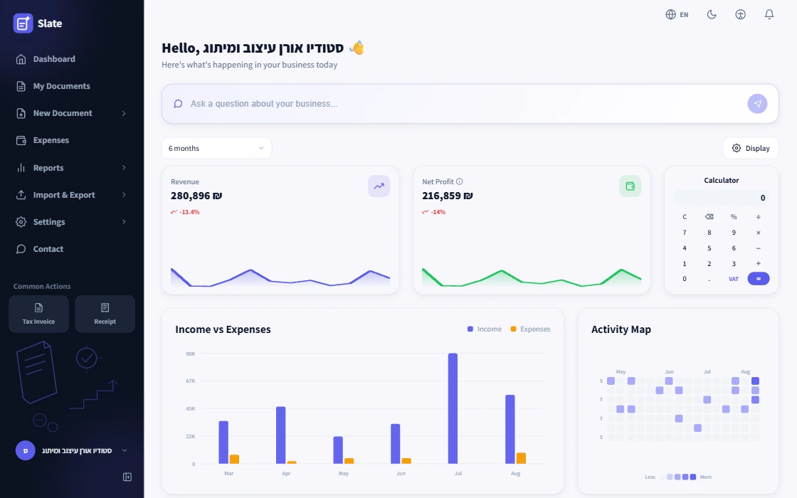 Slate dashboard in English: revenue, net profit, income vs expenses chart and activity map
