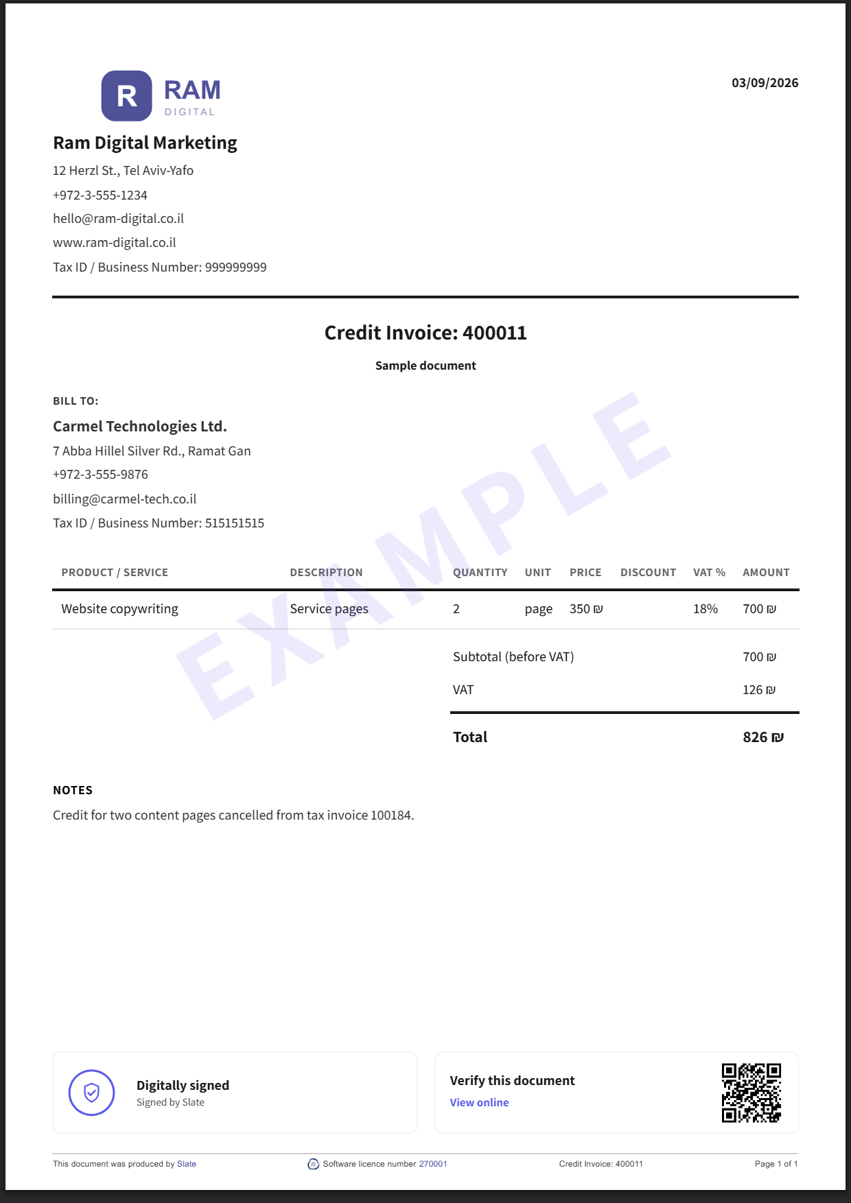 Sample credit invoice