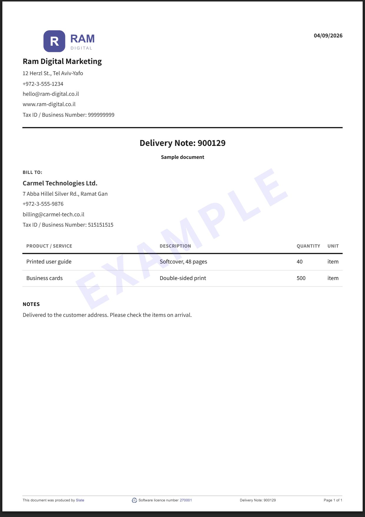 Sample delivery note