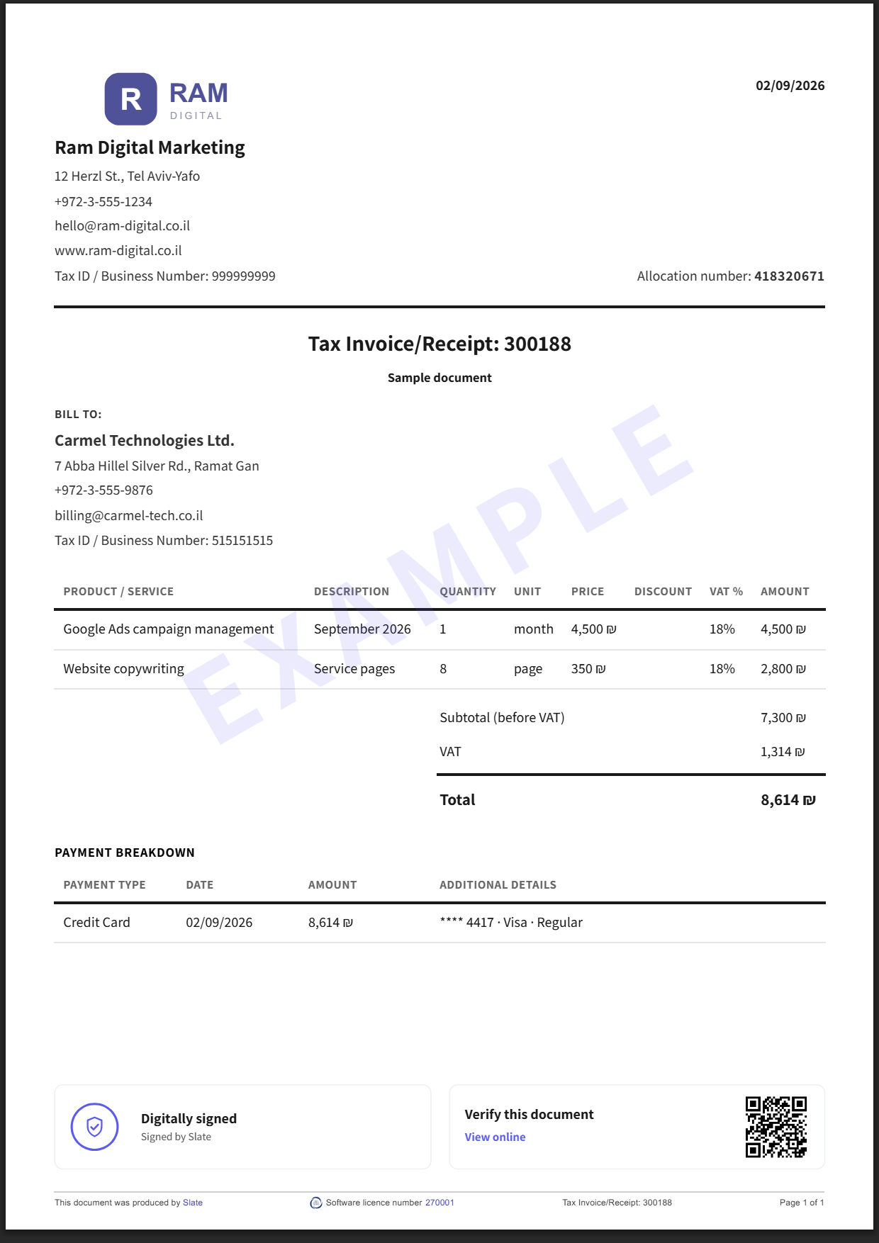 Sample tax invoice / receipt